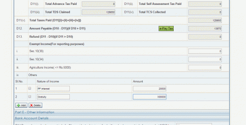 you will put in exempt income reporting section details of exempt gratuity and PF interest ( add fields and  keep such fields..look at the attached pic<br /><br />Section 10(38) is for LTCG and 10(34) is for domestic dividends , so don't fill anything here <br /><br />Regarding arrear relief , i have covered enough in my Youtube and don't think this forum is appropriate to cover something so extensive here in just a few words...your phrasing shows that you have not understood at all how the relief is calculated ...request to carefully study the process again