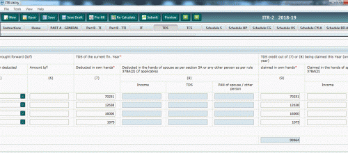 Why are you looking at column 5...Column 5 and 6 are for unclaimed TDS of earlier years bought forward . ( not previous year 2017 ).. <br /> Column 7 is for TDS for current year( implying previous year 2017 ) ..Fill your TDS figures appearing in 26AS here and more importantly don't forget to claim it in your own hands in column 9 else deducted TDS simply doesn't translate into tax credit unless you claim it.