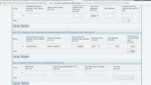 Since you have bought car for 12 lakhs , this 12 lakhs is not any income and therefore you are not required to show the 12 lakhs under any income schedule ...however , since tax has been collected at source , you can surely claim this  TCS( tax collected at source ) amount in ITR 1  and use this credit for meeting your tax liability ....check answer option - video for tutorial on this topic...Under tax details tab , head towards TCS schedule and fill details accordingly (check attached pictures)...you can also refer to the answer options - video for video on this topic                                                                                       P.s - As per new introduction in Budget 2016, and newly inserted Sub Sec. 1F of Section 206C.,Finance minister, Mr. Jaitley had proposed to impose a provision for collection of Tax at source at the rate of 1%, in case of Sale of Motor Vehicle and finally it was passed and law amended. Effective date is 1st June, 2016                                                                                                                       Act – “ Every person, being a seller, who receives any amount as consideration for sale of a motor vehicle of the value exceeding ten lakh rupees, shall at the time of receipt of such amount, collect from the buyer, a sum equal to one percent of the sale consideration as income tax.