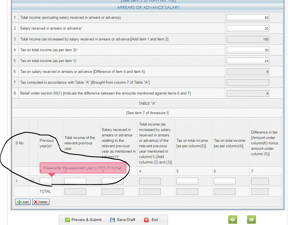 It is total income ( total income itself means taxable income) as shown in the form ...basically, you compute tax on  total income with and without arrears  and likewise for the years for which the arrears are paid ...just be careful that in the table you put up assessment year rather than previous year ( this is a utility mistake)