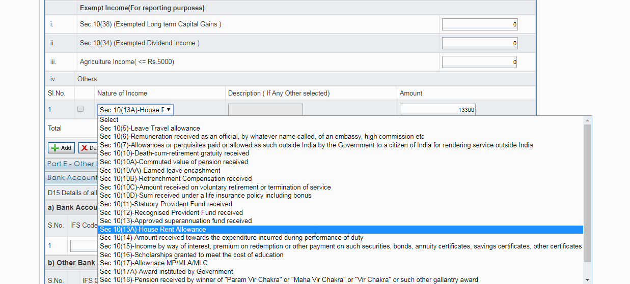 Why use agricultural head to show exempt HRA head ( this makes no sense)...like you understand , this being exempt,  will come in exempt income for reporting purpose but  under correct head ......use option denoting section  10(13A)  for exempted HRA ....this year ITR's make it more easy because not only does it outline the section numbers but also the exempt income source (look at the attached picture snapshots for capturing this portion of the return)...and ensure that you mention all salary exemptions and deductions because this year many people are getting adjustment notices  from the department citing variances between presented income in return from form 16 and that appearing in 26 as ....26 as often shows the gross salary income and the difference between the gross salary and the chargeable salary appearing in form 16 is only on  account of these exemptions and deductions ........all the best