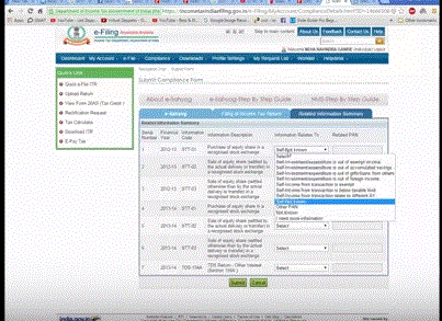 Under E Sahyog , Head to   - Related information summary - for Compliance entry pertaining to Contract commodities case ,  you can select " not known" ...rest , for  equity transaction  compliance entries, where you were in loss, you can select " self income from transaction is below taxable limit....rest , my video should help