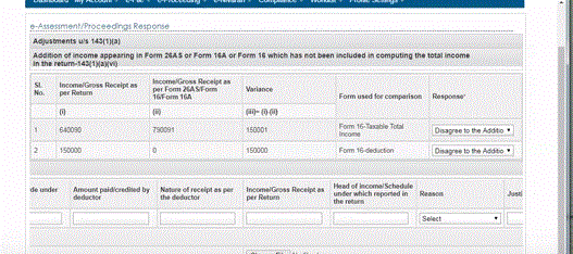 This is basically communication of proposed adjustment of income under 143(1)(a) <br />In your case , clearly you have to disagree with the variance for the simple reason that the income presented is chargeable income from form 16 whereas 26as contains gross salary income whole of which is not subject to tax on account of exemptions and deductions available under salary head (applicable to your case )<br /><br />For this , you shall head towards e-assessment ..there you will see a link titled prima facie adjustment under 143(1)a , you will opt for e assessment and click on submit ...it will open up a table showing variance and option for you to agree /not agree <br /><br />You shall proceed to disagree ...as you click on disagree , a bottom table for justifying shall open up with the following fields (see attached pic)<br /><br /><br />For TAN - Employer TAN (since this is w.r.t salary receipts)<br /><br />Amount paid /credited by deductor - As appearing in form 16 ( Gross) / alternatively take from 26 as <br /><br />Nature of receipt as per deductor - Salary <br /><br />Income /gross receipt as per return - Put in chargeable income that you put in return <br /><br />Head of income/schedule under which reported in return - 17 i.e salary section is actually section 17 of the act <br /><br />Reason - From dropdown select the option <br />"Income is not chargeable to tax/ exempt"<br /><br />Justification - Standard deduction available under section 16 and exemptions available under section 10<br />(You can give detailed breakup here accounting the difference of 58438 Rs i.e x1+x 2+x3 = 58438 .x1,x2,x3 being such and such deductions etc)<br /><br />For attachment, you can attach your form 16 which clearly mentions the standard deductions and show the chargeable income to be the filled figure for salary in your return of income<br /><br /><br />In future, show this exemptions and deductions in return itself .....<br /><br />if you are willing, i would want to record video solution for this case (since this is effecting many people) if i have further details of your case ....you can mail me your credentials and all details at amlandutta007@gmail.com.......