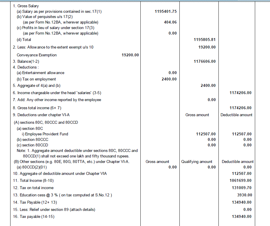 Present year dictates that you not only put in chargeable income from salary but actually arrive at it unlike last year <br />You are required to put in salary and also separately the Non -exempt allowances which are actually not forming a part of form 16 , so how do you do it <br /><br />here’s what you are needed to do , <br />You should have your pay slip’s and a copy of your form 16 ...now you have gross salary mentioned in form 16 ( inclusive of salary plus all non exempt allowances ...so clearly you only need to remove salary portion to get the non exempt allowances portion ...<br /><br />Step - 1 - Identify the Gross salary <br />This will be point 1 (a) of form 16 i.e salary as section 17(1) <br />I.e this salary is salary+ all non exempt allowances ( da, non exempt HRA , washing etc etc whatever applies since this may vary from person to person)<br /><br />...........( say 10 lakhs )<br /><br />Step - 2 Separate the basic salary from the gross chargeable figure <br /><br />Now our aim is to remove salary from the non exempt allowances , here you shall need your 12 month payslips ( just consider the basic portion only ) ..i am assuming that it doesn’t change , however the june basic and onwards may have a slight increment (you can accordingly adjust )<br /><br />Ignore everything else i.e DA &amp; every other allowance i.e washing HRA etc etc other exempt and non exempt allowances ) ...Put this under salary <br /><br />........(say 6 lakhs )<br /><br />Step - 3 - ******Arriving at Non exempt allowances *******<br /><br />This is gross salary (alone) MINUS salary as in step 2 MINUS the exempt allowances (say 20,000) as indicated in form 16 <br /><br />Therefore you shall compute i.e <br />i.e Gross salary(Point 1(a) of form 16) MINUS salary as calculated in step (2) minus i.e sum total of exempt allowances under section 10 (Point 2 of form 16)<br /><br />....10 lakhs - 6 lakhs -0.2 = 3.8 lakhs (value of non exempt allowances)<br />so figure for non exempt allowances is 3.8 lakhs .......<br /><br /><br />Step - 4 -Value of perquisites under section 17(2)<br /><br />Check figures for perks , perquisites , etc from point 1(b) of form 16 (section 17(2))..If not present or indicated as nil , you will put 0<br /><br />Step 5 - Profits in lieu of salary( section 17(3)<br /><br />Check figures for perks , perquisites , etc from point 1(c) of form 16 (section 17(3))..If not present or indicated as nil , you will put 0.<br /><br />Step 6 - Deduction under section 16<br /><br />Check this from  Point 4 of form 16 <br />Usually (a) Entertainment allowance and <br />(b)tax on employment etc (say 2500 Rs )<br /><br />Step - 7 - You will therefore finally arrive at figure for chargeable income from salary which is presented for tax <br /><br />Chargeable income = salary + non exempt allowances + perquisites + profits in lieu of salary   minus ( deductions )<br /><br />Take care so that the chargeable income from salary (point 6 of form 16 ) should match presented salary income in return<br />Just cross check this part twice.<br /><br />(Note - If it doesn't match form 26 as(total amount paid credited ) , it is okay since 26 as depends on TDS filing and usually for companies show the gross amount credited )<br />If you get a adjustment notice under 143(1)(a)(iv) just head towards e assessment and explain that the difference is on account of exempt allowances depicted in the reporting schedule under section 10(14) ( if it is the case for conveyance)<br /><br />(Step - 8 - show the exempt allowances for salary like Exempt HRA, exempt conveyance etc etc in reporting schedule )<br /><br />MY own case shown through attached pictures