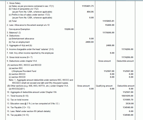 Present year dictates that you not only put in chargeable income from salary but actually arrive at it unlike last year <br />You are required to put in salary and also separately the Non -exempt allowances which are actually not forming a part of form 16 , so how do you do it <br /><br />here’s what you are needed to do , <br />You should have your pay slip’s and a copy of your form 16 ...now you have gross salary mentioned in form 16 ( inclusive of salary plus all non exempt allowances ...so clearly you only need to remove salary portion to get the non exempt allowances portion ...<br /><br />Step - 1 - Identify the Gross salary <br />This will be point 1 (a) of form 16 i.e salary as section 17(1) <br />I.e this salary is salary+ all non exempt allowances ( da, non exempt HRA , washing etc etc whatever applies since this may vary from person to person)<br /><br />...........( say 10 lakhs )<br /><br />Step - 2 Separate the basic salary from the gross chargeable figure <br /><br />Now our aim is to remove salary from the non exempt allowances , here you shall need your 12 month payslips ( just consider the basic portion only ) ..i am assuming that it doesn’t change , however the june basic and onwards may have a slight increment (you can accordingly adjust )<br /><br />Ignore everything else i.e DA &amp; every other allowance i.e washing HRA etc etc other exempt and non exempt allowances ) ...Put this under salary <br /><br />........(say 6 lakhs )<br /><br />Step - 3 - ******Arriving at Non exempt allowances *******<br /><br />This is gross salary (alone) MINUS salary as in step 2 MINUS the exempt allowances (say 20,000) as indicated in form 16 <br /><br />Therefore you shall compute i.e <br />i.e Gross salary(Point 1(a) of form 16) MINUS salary as calculated in step (2) minus i.e sum total of exempt allowances under section 10 (Point 2 of form 16)<br /><br />....10 lakhs - 6 lakhs -0.2 = 3.8 lakhs (value of non exempt allowances)<br />so figure for non exempt allowances is 3.8 lakhs .......<br /><br /><br />Step - 4 -Value of perquisites under section 17(2)<br /><br />Check figures for perks , perquisites , etc from point 1(b) of form 16 (section 17(2))..If not present or indicated as nil , you will put 0<br /><br />Step 5 - Profits in lieu of salary( section 17(3)<br /><br />Check figures for perks , perquisites , etc from point 1(c) of form 16 (section 17(3))..If not present or indicated as nil , you will put 0.<br /><br />Step 6 - Deduction under section 16<br /><br />Check this from  Point 4 of form 16 <br />Usually (a) Entertainment allowance and <br />(b)tax on employment etc (say 2500 Rs )<br /><br />Step - 7 - You will therefore finally arrive at figure for chargeable income from salary which is presented for tax <br /><br />Chargeable income = salary + non exempt allowances + perquisites + profits in lieu of salary   minus ( deductions )<br /><br />Take care so that the chargeable income from salary (point 6 of form 16 ) should match presented salary income in return<br />Just cross check this part twice.<br /><br />(Note - If it doesn't match form 26 as(total amount paid credited ) , it is okay since 26 as depends on TDS filing and usually for companies show the gross amount credited )<br />If you get a adjustment notice under 143(1)(a)(iv) just head towards e assessment and explain that the difference is on account of exempt allowances depicted in the reporting schedule under section 10(14) ( if it is the case for conveyance)<br /><br />(Step - 8 - show the exempt allowances for salary like Exempt HRA, exempt conveyance etc etc in reporting schedule )<br /><br />MY own case shown through attached pictures