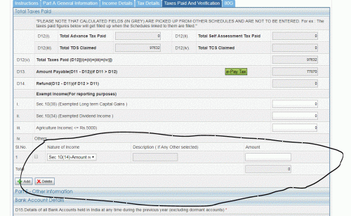 Check the field for section 10 exemption ...this should also be listed in the form .. i.e it may be transport allowance etc etc ...accordingly the section shall be selected ...for example transport allowance is covered under section 10 (14)<br />The form 16 mentions very clearly the head of the exempt allowance(check attached picture) ..if it doesn't , ask your DDO for the same....