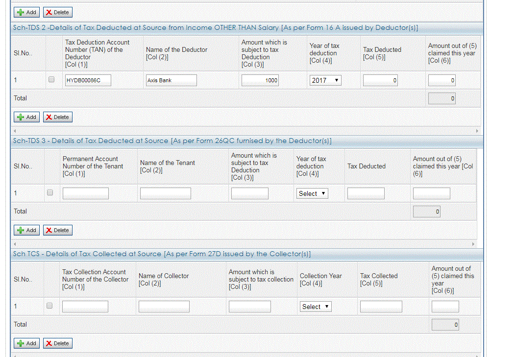 Say FD interest is 1000 Rs and TDS Deducted is 0 , then you will fill TDS schedule 2 and show interest of 1000 Rs and TDS deducted and claimed of 0 rs..For this example , check attached picture on how you would be filling the TDS schedule 2 where no TDS deducted on FD interest ....                                  <br />             Strictly speaking , no harm in keeping the relevant TDS schedule blank as well when you have no TDS credit