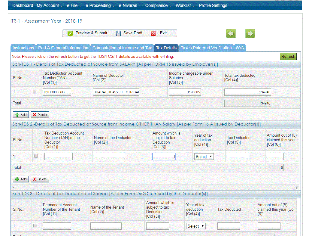It doesn't make sense...offer bank interest under income from other sources schedule in ITR 1 ...in the TDS schedule which should anyways be prefilled with 0 , you wont be taking any credit since no TDS was deducted by bank....therefore TDS amount is not available