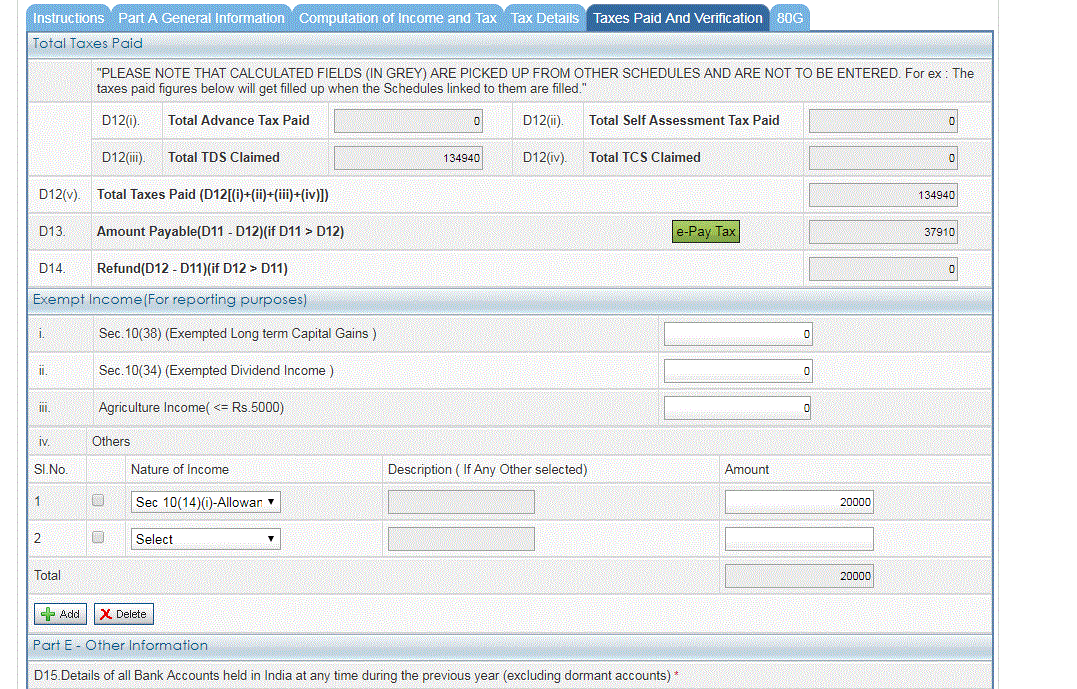 Check whether it is travel or transport allowance .......Transport allowance is given an exemption of up to Rs.19,200 per annum or Rs.1,600 per month. The sections under which this exemption is applicable are Section 10(14)(ii) of Income Tax Act and Rule 2BB of Income Tax Rules.......(Check attached picture 1 for exempt transport allowance )<br />                                                                                                                                                                        <br /> As far as Travelling And Daily Allowances is concerned, that too is  completely Exempted From Income Tax" under 10(14(i) to the extent utilized by the employee (Check attached picture 2 for exempt transport allowance )<br /> <br />Literature - In accordance Rule 2BB of in IT Rules, 1962, any allowance (by whatever name called) granted to meet the cost of travel or tour or on transfer is completely exempted from tax in the employee’s hands.<br /><br />For the purposes of this clause “allowances granted to meet the cost of travel or transfer” include any sum paid in connection with the transfer, packing and transportation of personal effects on such transfer.<br /><br />Under this Rule the TA granted to the employees while they travel on tour or on transfer would be completely exempted from tax, Of course, the entire amount on this account should be spent to meet the expenses wholly, necessarily and exclusively incurred in the performance of the duties of an office or employment of profit.<br /><br />If an amount is saved by the employee and is deposited/invested and or is otherwise shown as such by the employee, then he would be liable to tax on the unspent amount of the allowance.<br /><br />Under the same Rule 2BB another allowance which is completely exempted from tax is the daily allowance, whether granted on tour or for the period of journey in connection with travel, to meet the ordinary daily charges incurred, by the employee on account of his absence from the normal place of duty. There is no monetary limit on the exemption of this allowance but any allowance which is reasonable for the employee’s work or the employment, and which is granted to meet expenses wholly, necessarily and exclusively incurred for the purposes of the, duties of an office or employment of profit, would be exempted, provided it is actually spent by the employee concerned.<br /><br />For example, if an employee is allowed 1,200 per day as daily allowance for 5 days at Mumbai while he is away from his place of duty, i.e. New Delhi in connection with official work and he spends the entire amount and gives a certificate of amount actually spent by him, the entire amount of the daily allowance of 1,200 per day, namely 6,000 daily allowance for 5 days would be completely exempted from income tax under the aforesaid Rule under Section 10(14(i)