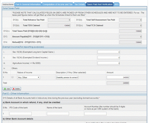 It is totally exempt and you can show it under exempt income reporting section using any other field and depict it as per the attached picture<br /><br />Note - CBDT has given clarifications that disability pension received by armed forces is exempt from tax. Via Instruction No 136F.No. 34/3/68-IT(AI),dated the 14th Jan 1970, CBDT said that entire disability pension paid to officers of the Indian Army shall be exempt from tax.<br /><br />Disability pension may sometimes comprise of a disability element as well as a service element; the department has clarified both such components are exempt from tax. (via F. No. 200/51/00-ITA-1 dt. 02.7.2001)<br /><br />Also, no TDS should be deducted on disability pension paid to pensioners of the armed forces
