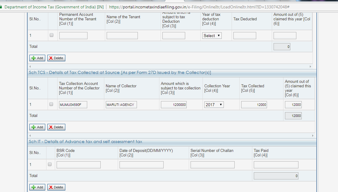 Since you have bought car for 12 lakhs , this 12 lakhs is not any income and therefore you are not required to show the 12 lakhs under any income schedule ...however , since tax has been collected at source , you can surely claim this  TCS( tax collected at source ) amount in ITR 1  and use this credit for meeting your tax liability ....check answer option - video for tutorial on this topic...Under tax details tab , head towards TCS schedule and fill details accordingly (check attached pictures)...you can also refer to the answer options - video for video on this topic                                                                                       P.s - As per new introduction in Budget 2016, and newly inserted Sub Sec. 1F of Section 206C.,Finance minister, Mr. Jaitley had proposed to impose a provision for collection of Tax at source at the rate of 1%, in case of Sale of Motor Vehicle and finally it was passed and law amended. Effective date is 1st June, 2016                                                                                                                       Act – “ Every person, being a seller, who receives any amount as consideration for sale of a motor vehicle of the value exceeding ten lakh rupees, shall at the time of receipt of such amount, collect from the buyer, a sum equal to one percent of the sale consideration as income tax.