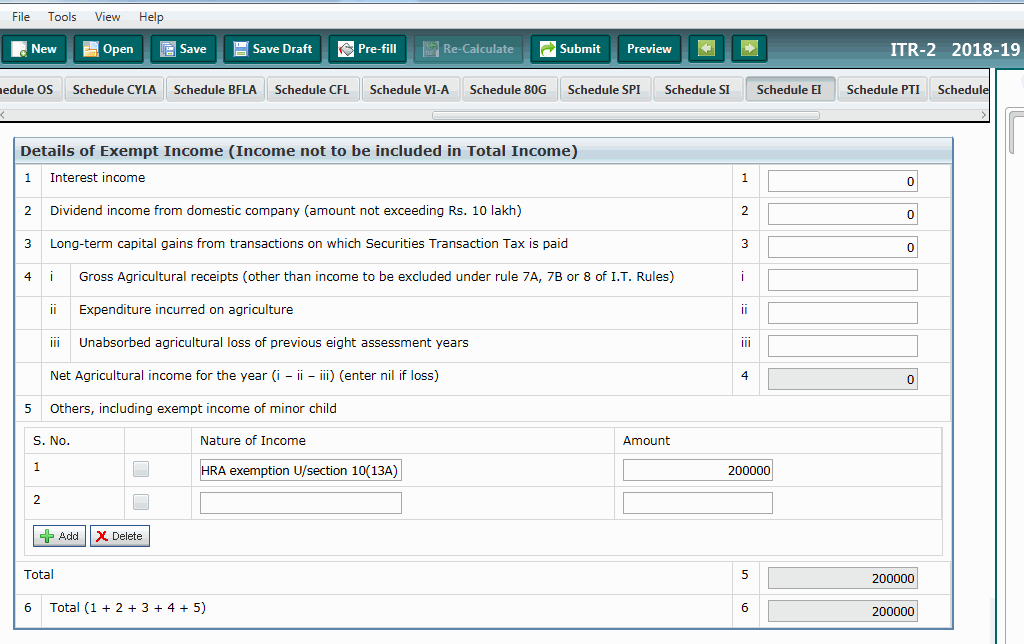 You will use the exempt income schedule in ITR 2  and show HRA exempt income selecting others and showing HRA exempt allowance under section 10(13A)