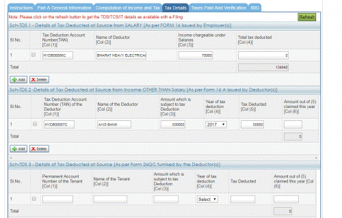 For claiming credit on TDS on salary /pension , you are required to fill TDS schedule 1 ...And for claiming credit of TDS on non salary i.e other sources ( like interest income ), you are required to fill TDS schedule 2 ...If it is ITR 1 that you are filing , the attached pic demonstrates what you are required to fill