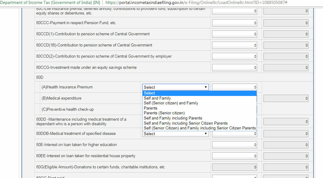 No, the section 80 health insurance premium is available for only parents of self and not in laws ...your husband  can use this section for claiming benefit for self, spouse(you), dependent children or his own parents but not yours ...studying the return itself will also demonstrate the same (check attached picture)