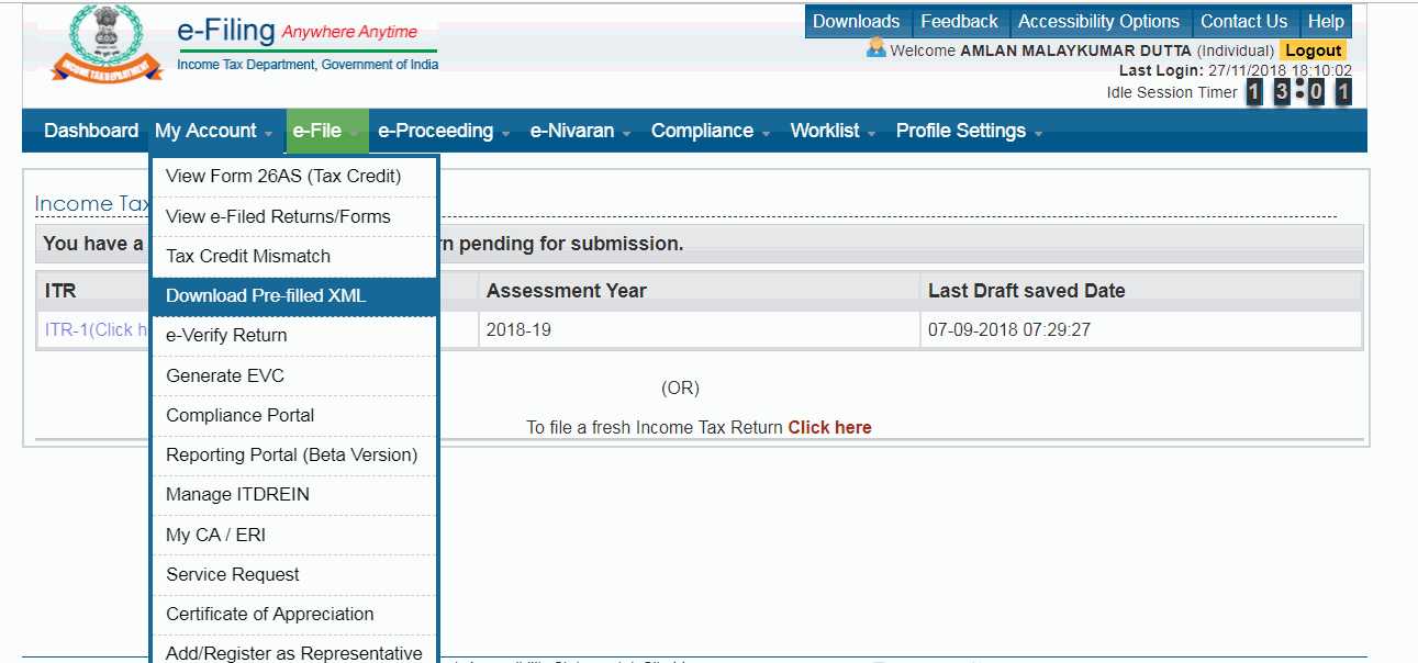 There is no direct way for this ...First download offline utility excel/java matching the ITR that was filed( of if you have the original ones , you can use those)  ...then fill up the return utility with the Downloaded prefilled xml(as shown in the attached picture) and then fill in details for the rest based on the ITR that was submitted ...<br />You can refill other details and generate xml file using java /excel utility ......<br /><br />The filled return is not available in xml ,it is just in pdf format......